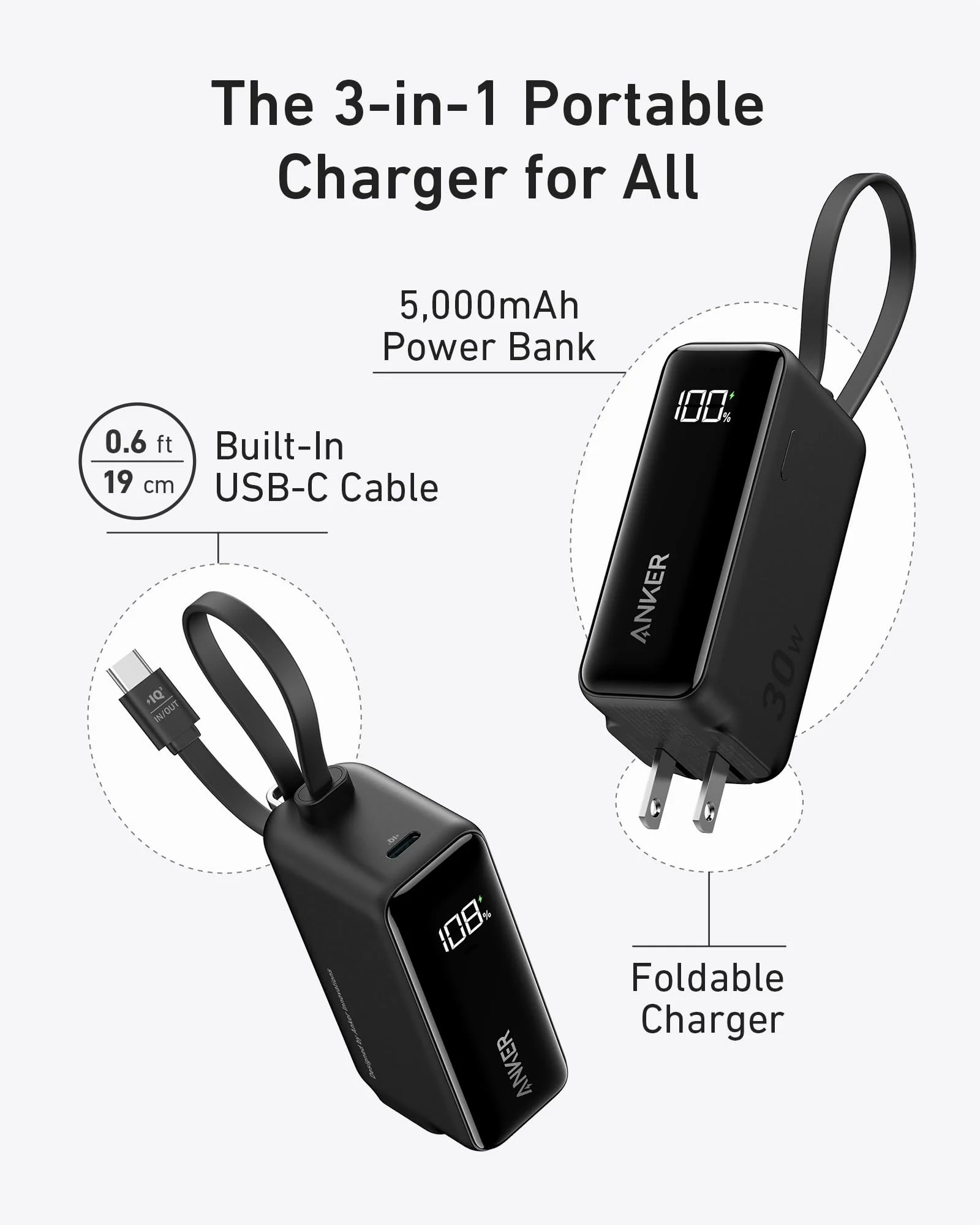 Anker Power Bank (30W, 5k, Fusion, Built-In USB-C Cable) - Image 31