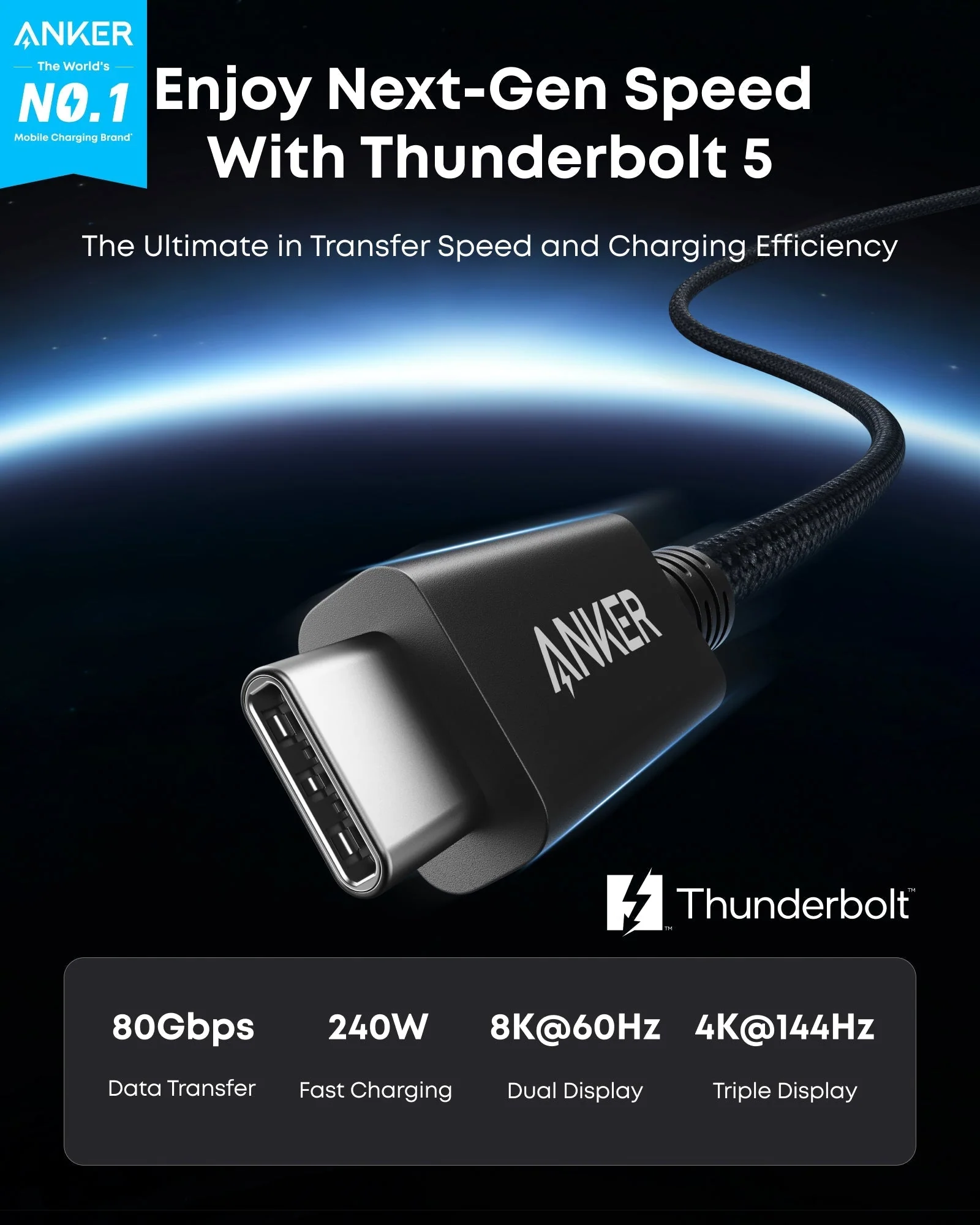 Anker Prime Thunderbolt 5 Cable (3.3 ft/1.7 ft, 80Gbps, 240W) - Image 14