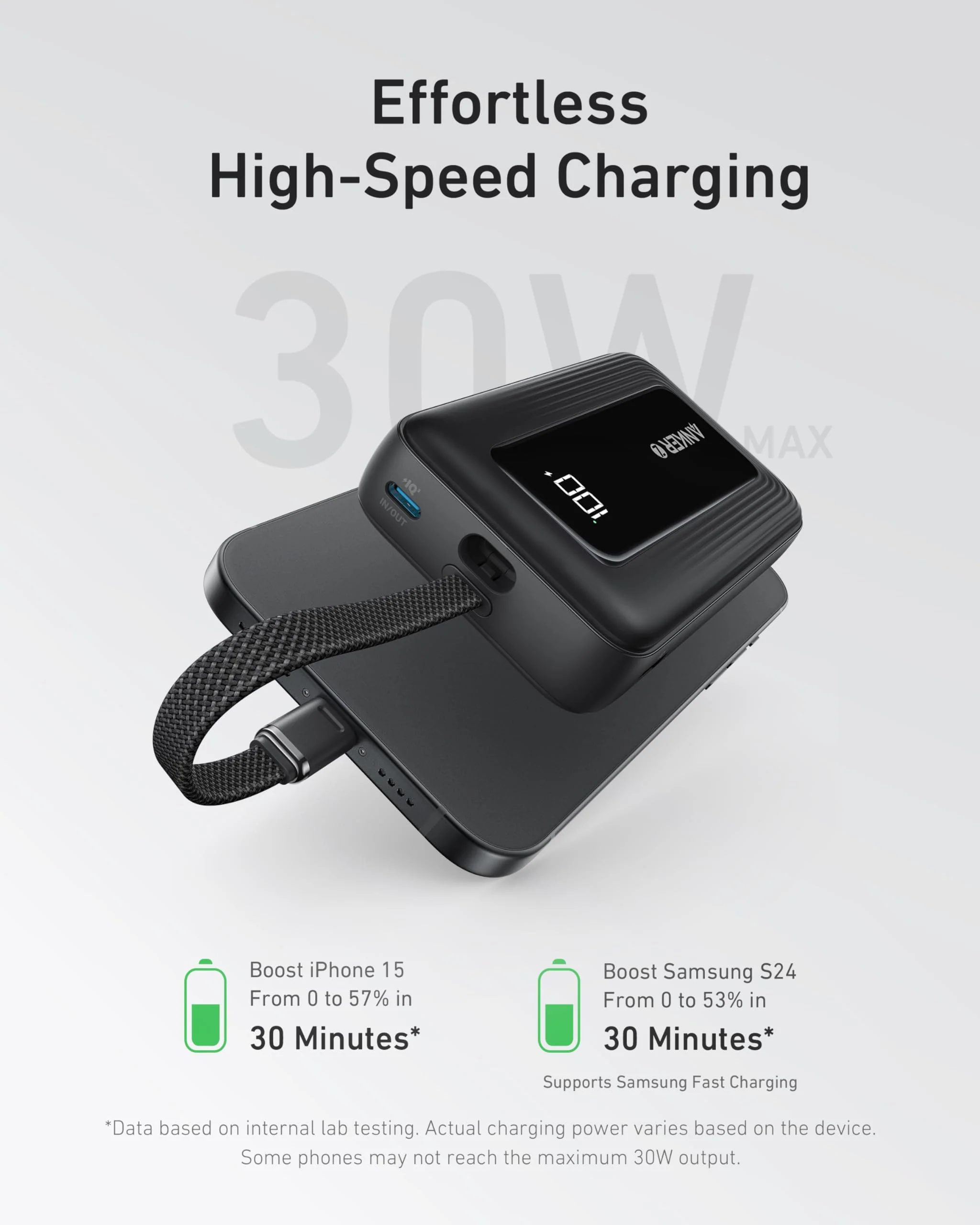 Anker Zolo Power Bank (10K, 30W) with a 5.4-inch (13.7 cm) built-in USB-C cable. - Image 2