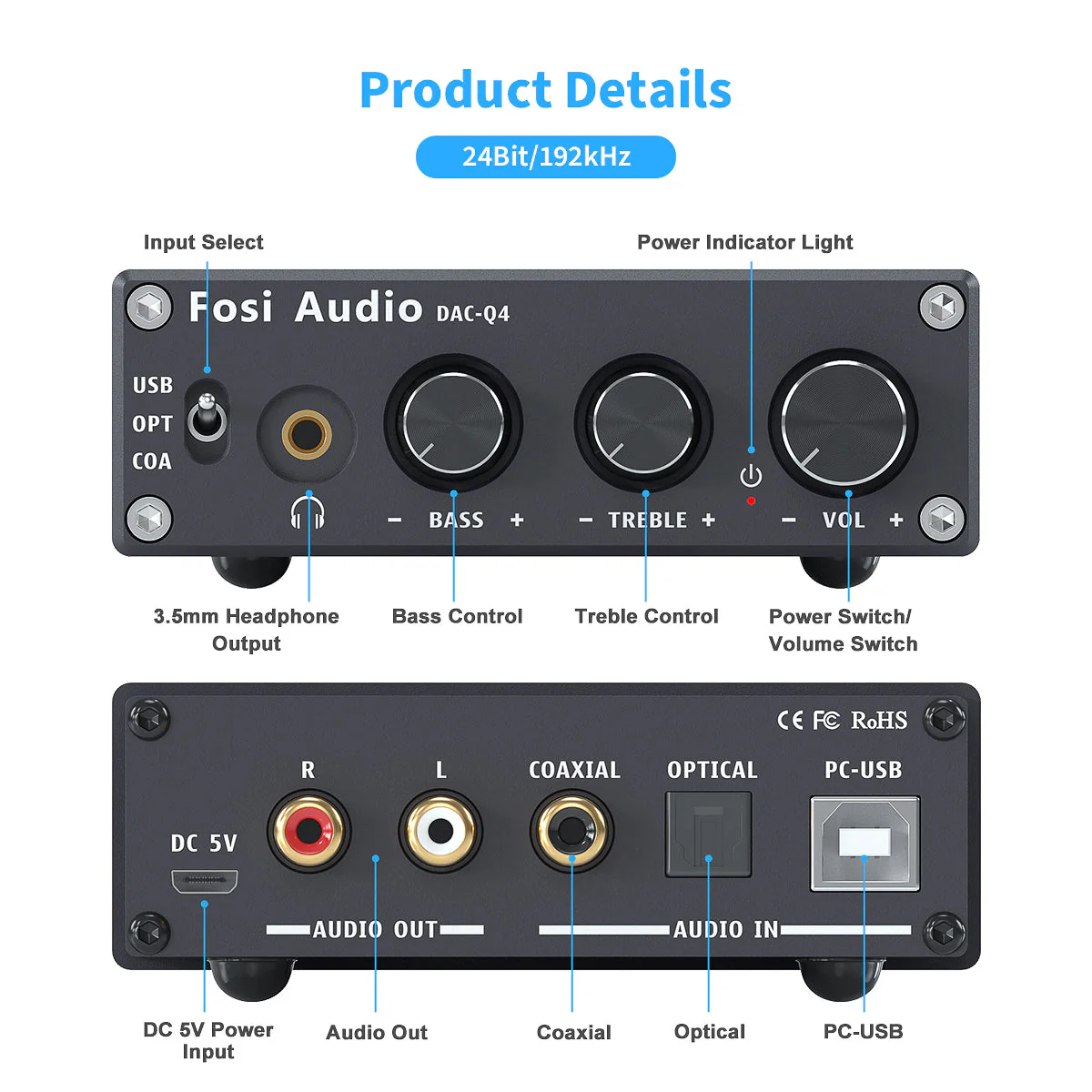 Fosi Audio Q4 Mini Stereo Gaming DAC & Headphone Amplifier Audio - Image 5